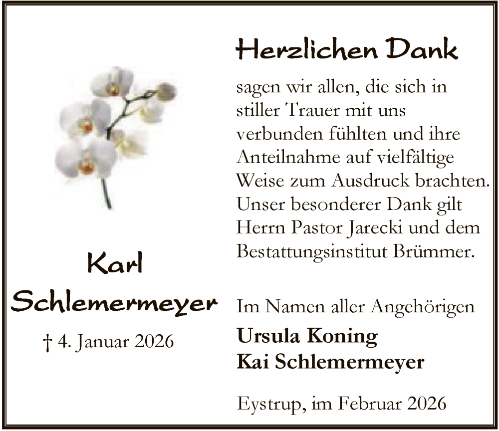  Traueranzeige für Karl Schlemermeyer vom 07.02.2026 aus SYKS
