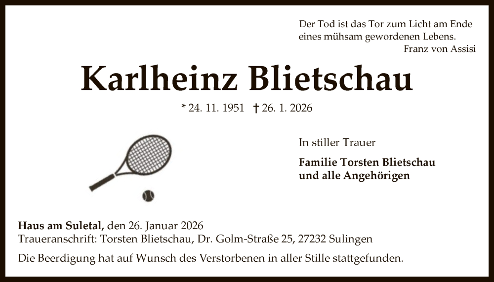 Traueranzeige für Karlheinz Blietschau vom 07.02.2026 aus SYKS