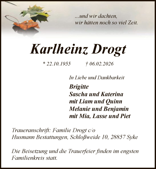 Traueranzeige von Karlheinz Drogt von SYKS