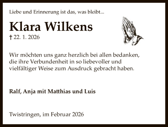 Traueranzeige von Klara Wilkens von SYKS