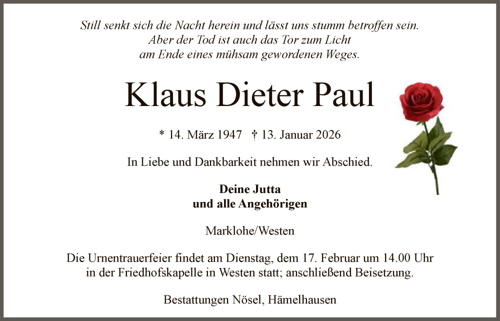  Traueranzeige für Klaus Dieter Paul vom 07.02.2026 aus SYKS