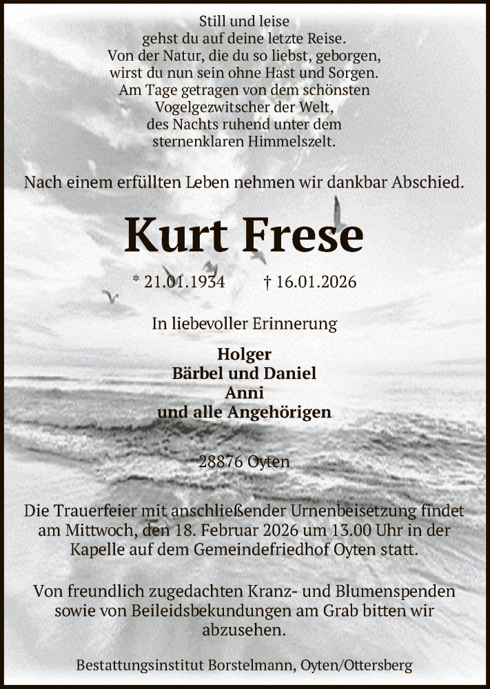  Traueranzeige für Kurt Frese vom 07.02.2026 aus SYKS