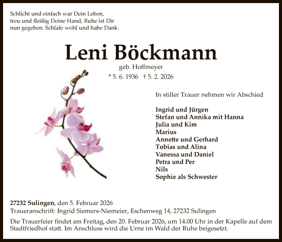 Traueranzeige von Leni Böckmann von SYKS