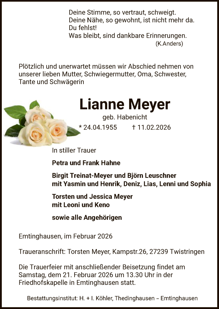  Traueranzeige für Lianne Meyer vom 19.02.2026 aus SYKSSYKS