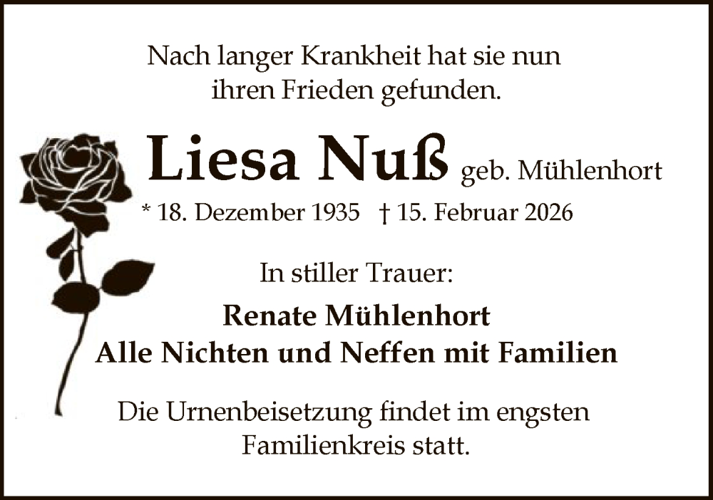  Traueranzeige für Liesa Nuß vom 21.02.2026 aus SYWZ