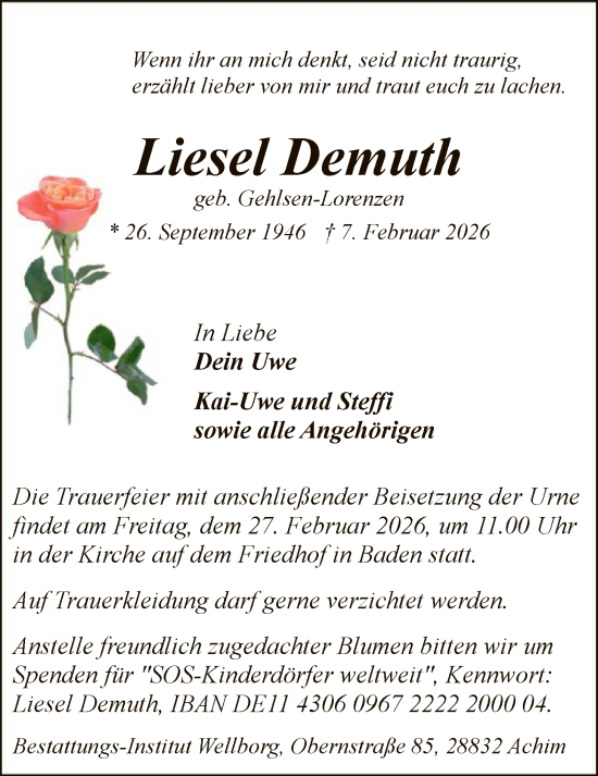 Traueranzeige von Liesel Demuth von SYKS