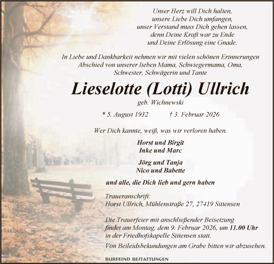 Traueranzeige von Lieselotte Ullrich von SYKR