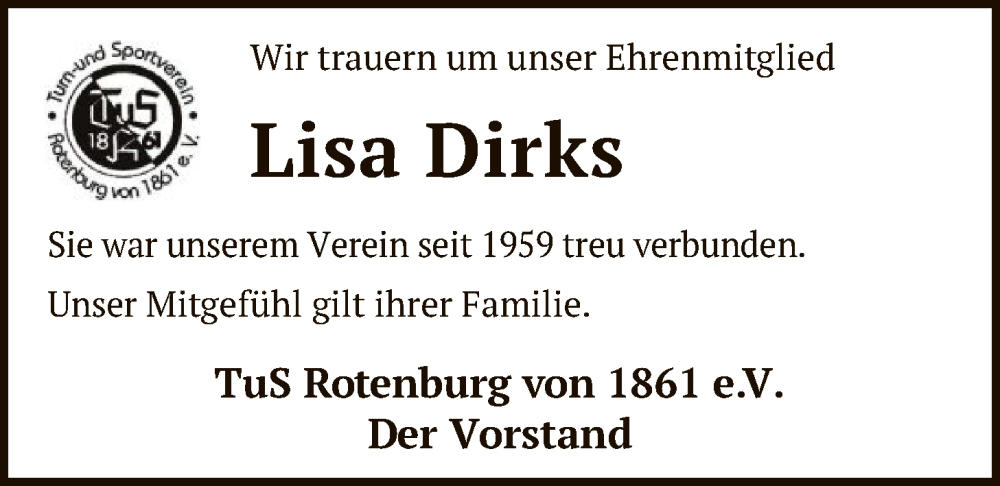 Traueranzeige für Lisa Dirks vom 25.02.2026 aus SYKR