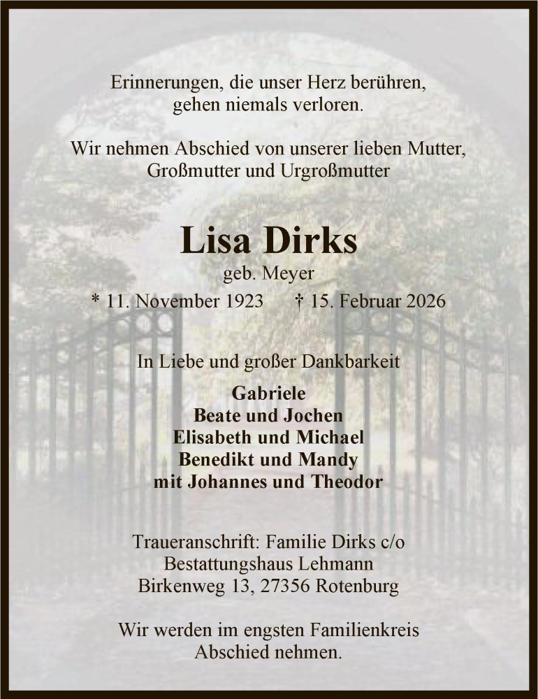  Traueranzeige für Lisa Dirks vom 21.02.2026 aus SYKR
