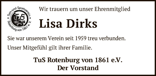 Traueranzeige von Lisa Dirks von SYKR