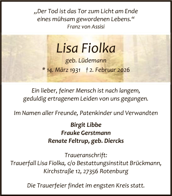 Traueranzeige von Lisa Fiolka von SYKR