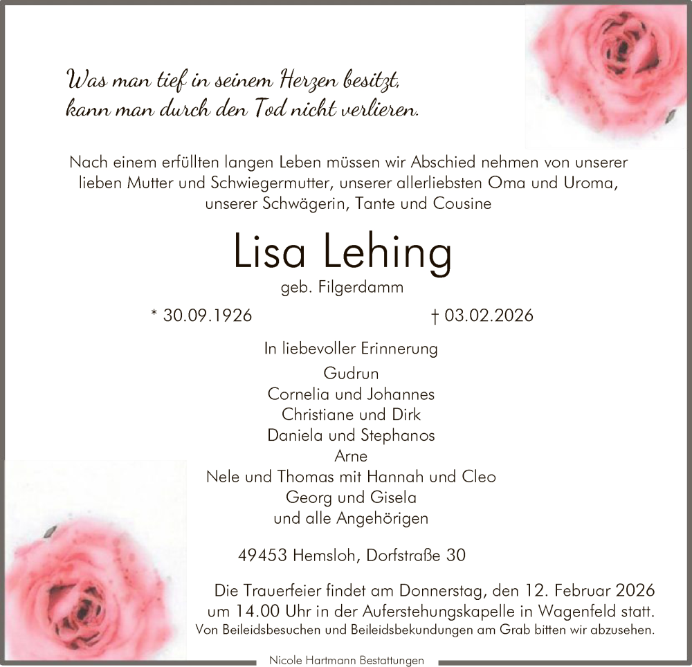  Traueranzeige für Lisa Lehing vom 07.02.2026 aus SYKS