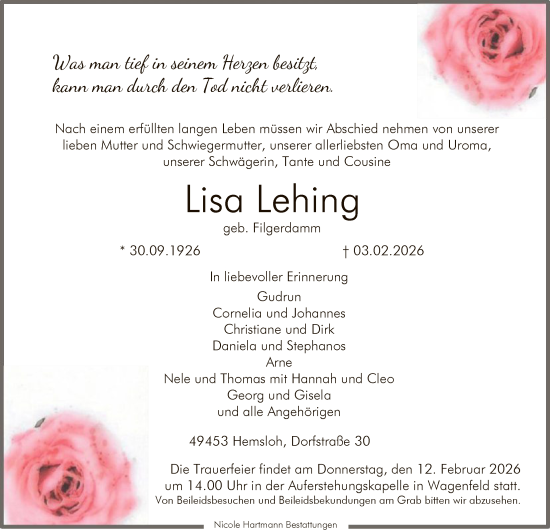 Traueranzeige von Lisa Lehing von SYKS