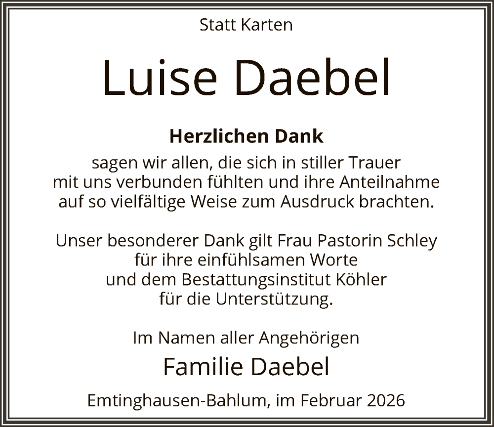  Traueranzeige für Luise Daebel vom 14.02.2026 aus SYKSSYKS