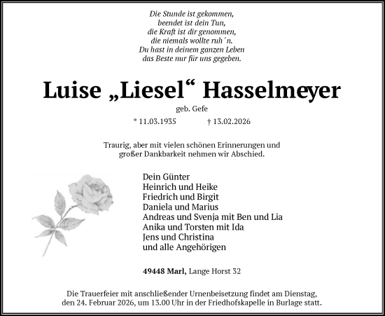 Traueranzeige von Luise Hasselmeyer von SYKS