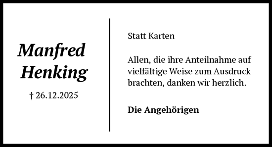 Traueranzeige von Manfred Henking von SYKS