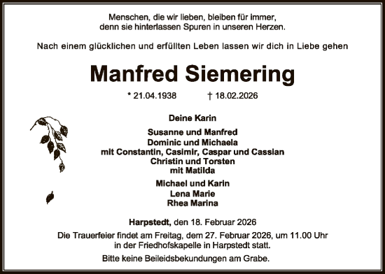 Traueranzeige von Manfred Siemering von SYKSSYWZ