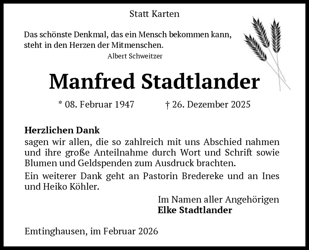  Traueranzeige für Manfred Stadtlander vom 07.02.2026 aus SYKS