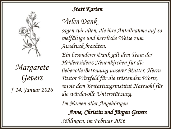 Traueranzeige von Margarete Gevers von SYKR