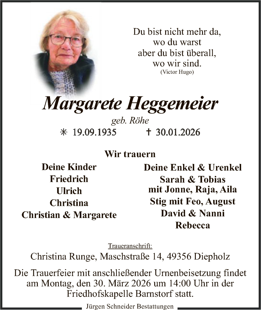  Traueranzeige für Margarete Heggemeier vom 14.02.2026 aus SYKS