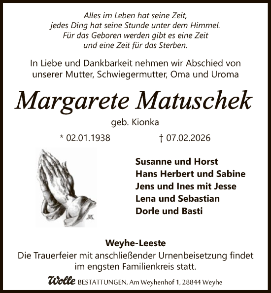 Traueranzeige von Margarete Matuschek von SYKS