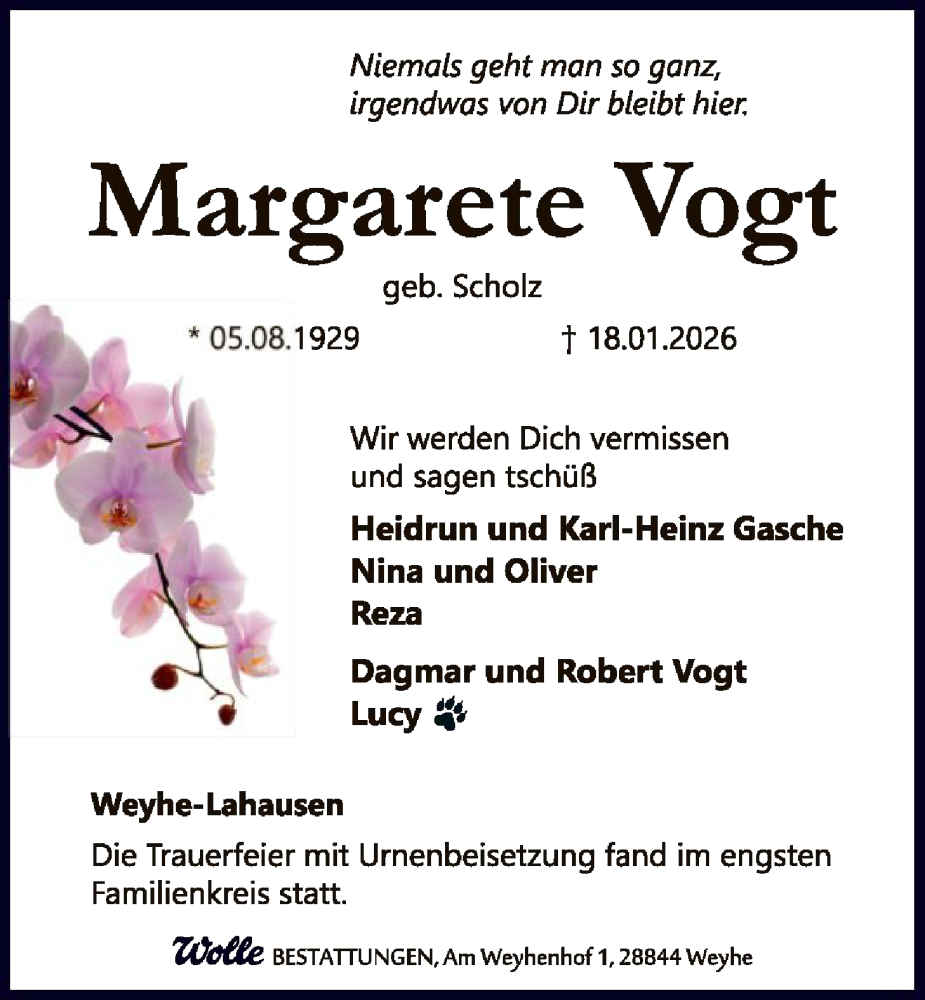  Traueranzeige für Margarete Vogt vom 07.02.2026 aus SYKS