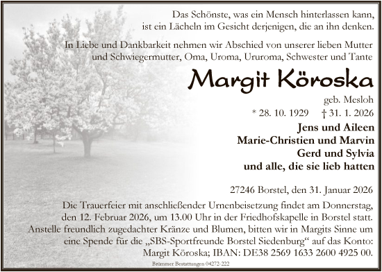 Traueranzeige von Margit Köroska von SYKS