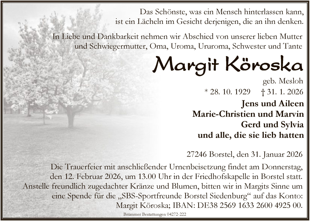  Traueranzeige für Margit Köroska vom 04.02.2026 aus SYKS