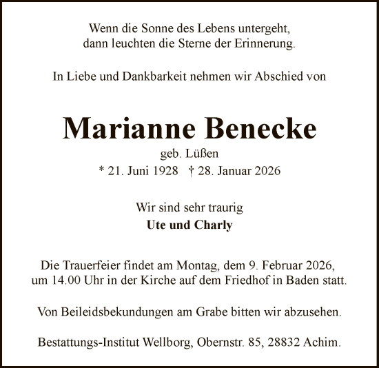 Traueranzeige von Marianne Benecke von SYKS