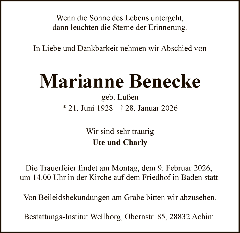  Traueranzeige für Marianne Benecke vom 07.02.2026 aus SYKS