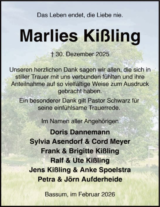 Traueranzeige von Marlies Kißling von SYKS