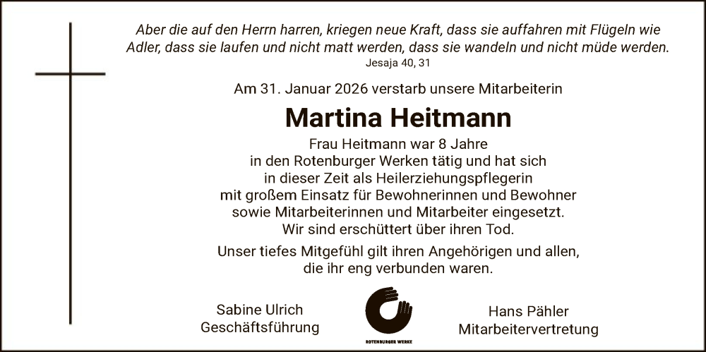  Traueranzeige für Martina Heitmann vom 07.02.2026 aus SYKR