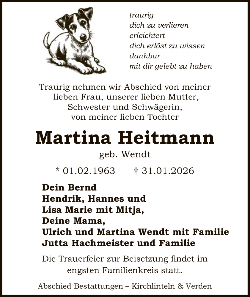  Traueranzeige für Martina Heitmann vom 07.02.2026 aus SYKS