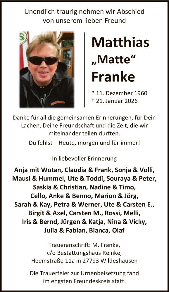  Traueranzeige für Matthias Franke vom 07.02.2026 aus SYWASYWZ