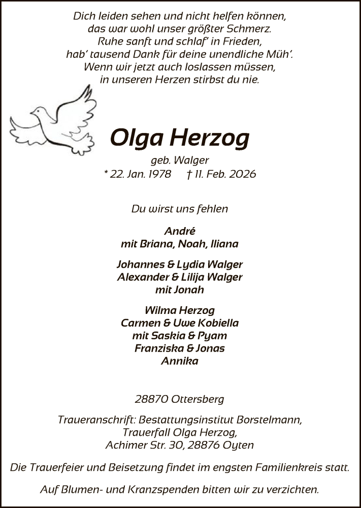  Traueranzeige für Olga Herzog vom 14.02.2026 aus SYKS