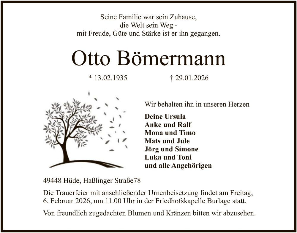 Traueranzeige für Otto Bömermann vom 03.02.2026 aus SYKS