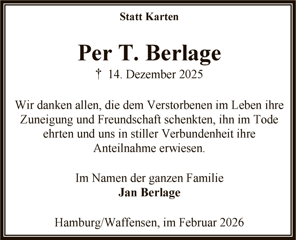 Traueranzeige für Per Berlage vom 14.02.2026 aus SYKR
