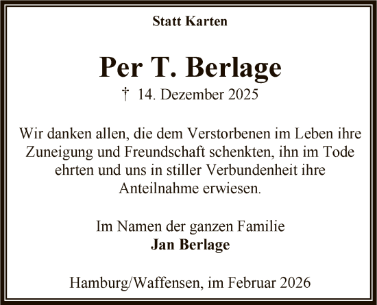 Traueranzeige von Per Berlage von SYKR