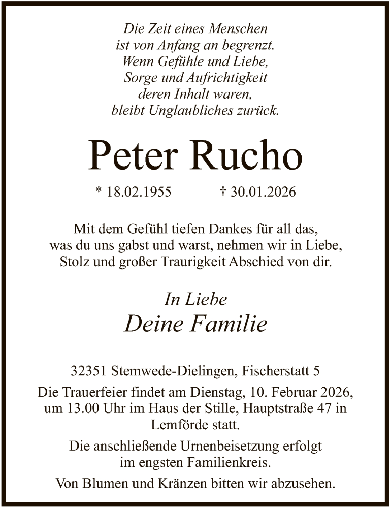  Traueranzeige für Peter Rucho vom 03.02.2026 aus SYKS