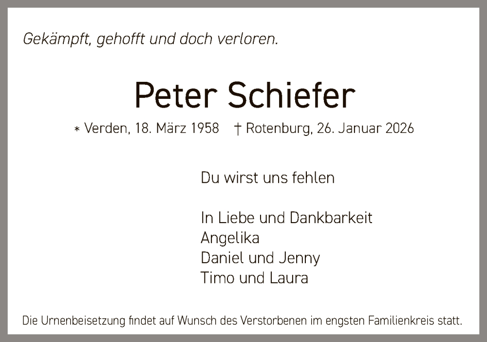  Traueranzeige für Peter Schiefer vom 07.02.2026 aus SYKS