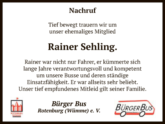 Traueranzeige von Rainer Sehling von SYKR