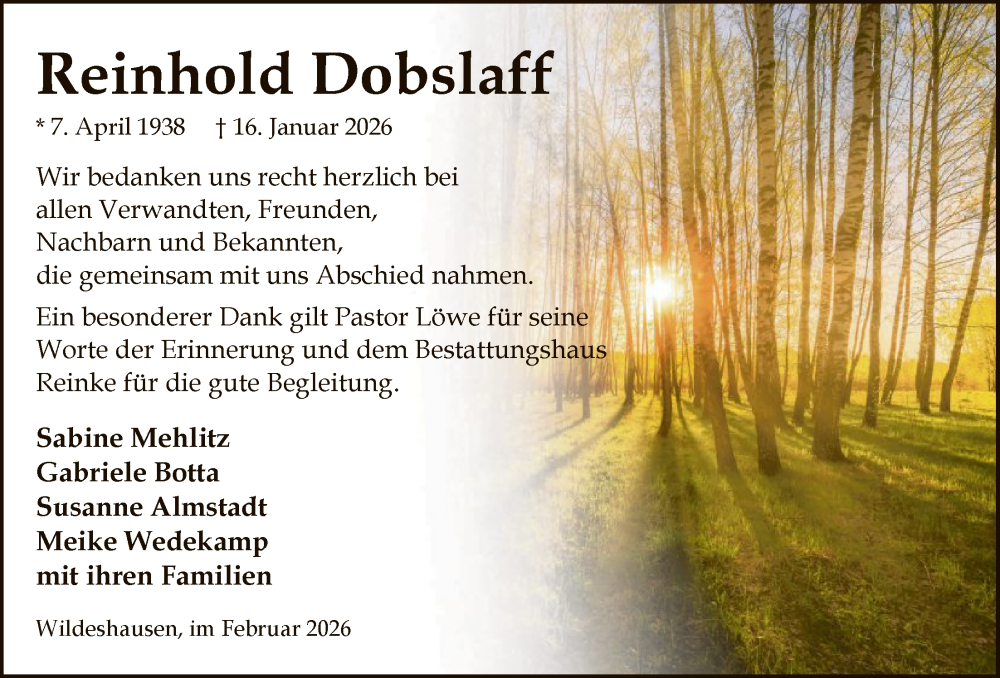  Traueranzeige für Reinhold Dobslaff vom 27.02.2026 aus SYWZ