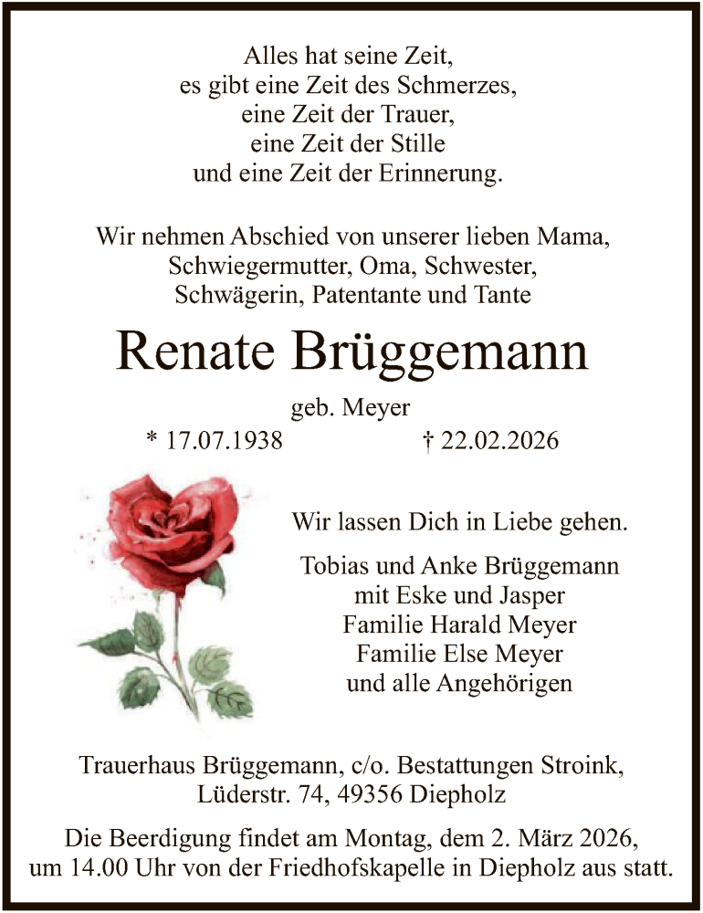  Traueranzeige für Renate Brüggemann vom 25.02.2026 aus SYKS