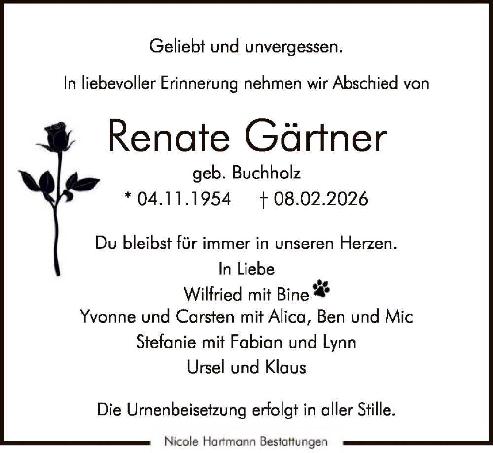  Traueranzeige für Renate Gärtner vom 11.02.2026 aus SYKS