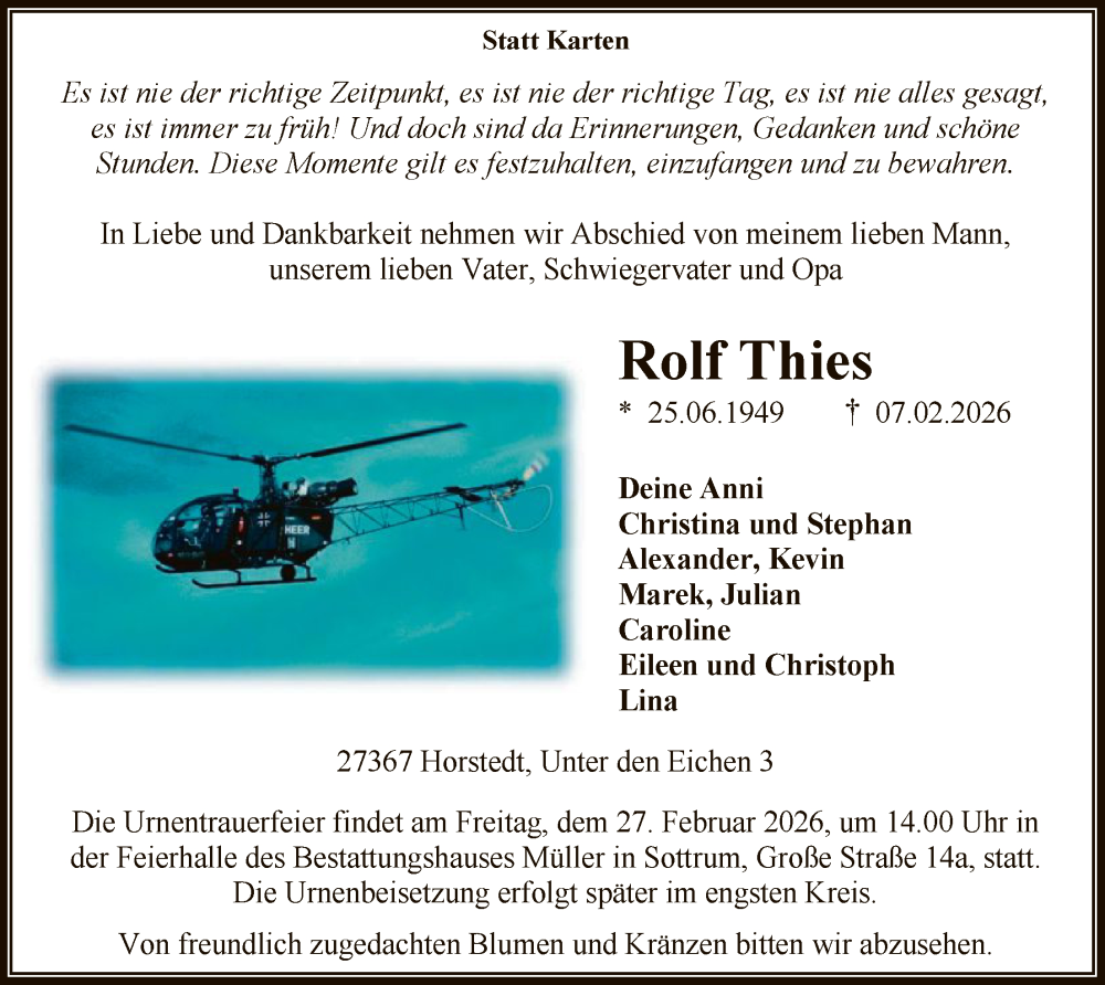  Traueranzeige für Rolf Thies vom 14.02.2026 aus SYKR