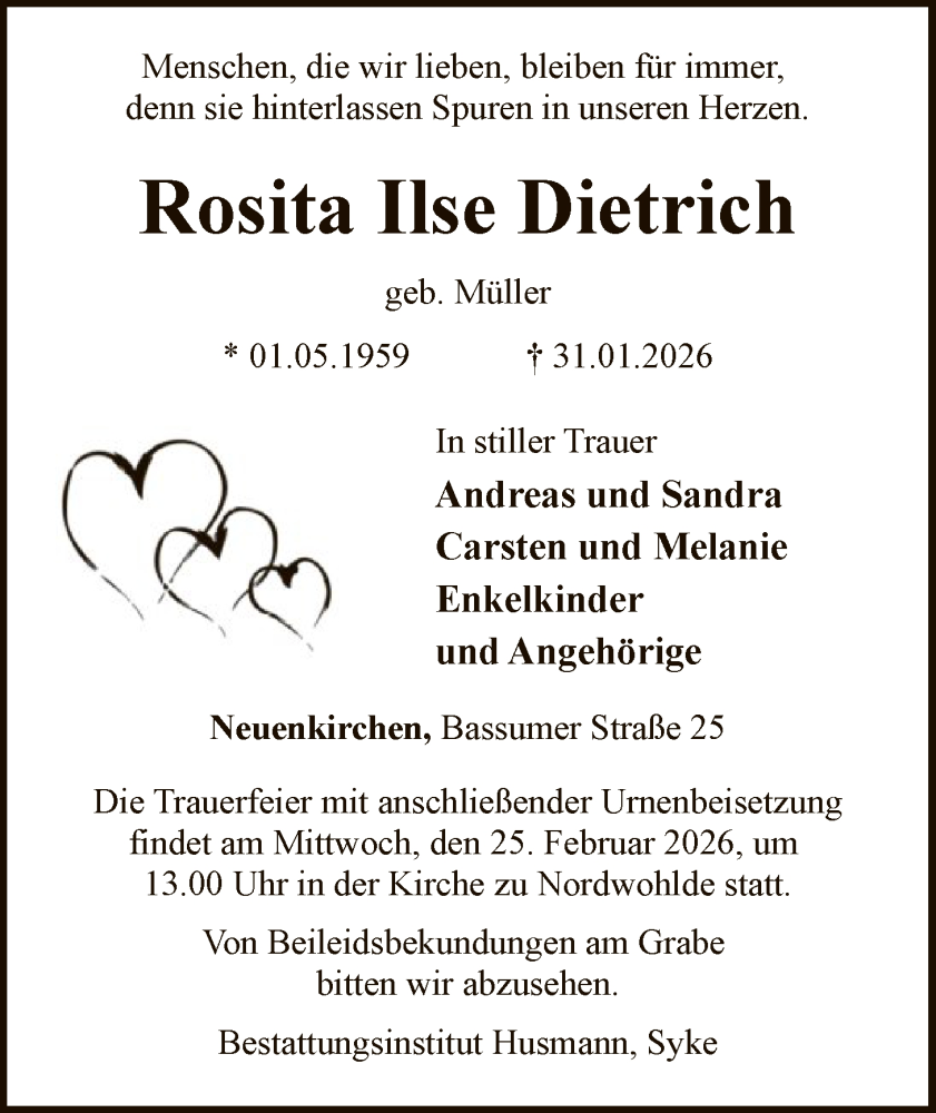  Traueranzeige für Rosita Ilse Dietrich vom 17.02.2026 aus SYKS
