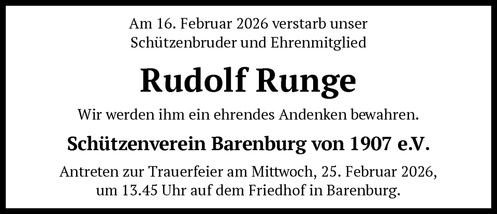  Traueranzeige für Rudolf Runge vom 21.02.2026 aus SYKS