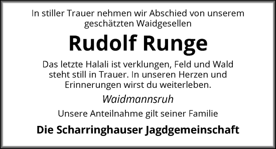 Traueranzeige von Rudolf Runge von SYKS