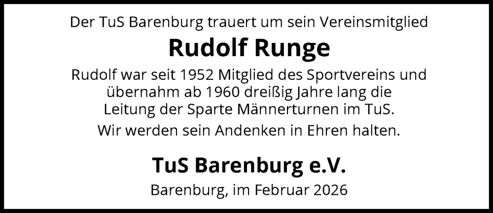  Traueranzeige für Rudolf Runge vom 25.02.2026 aus SYKS