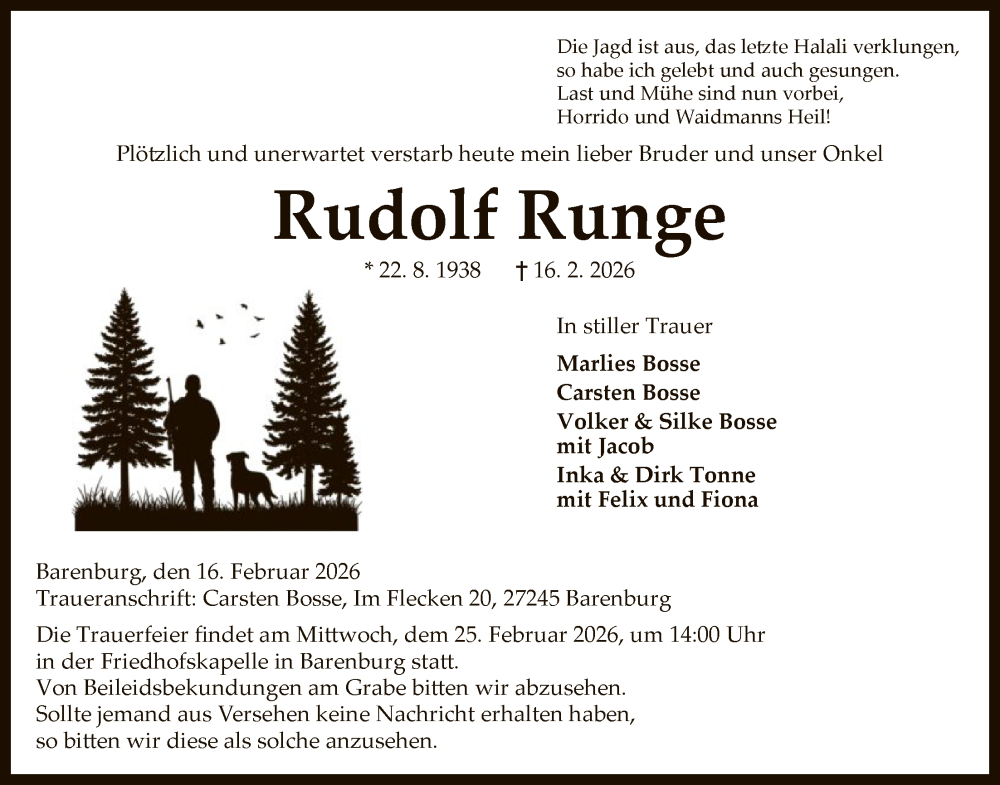  Traueranzeige für Rudolf Runge vom 21.02.2026 aus SYKS